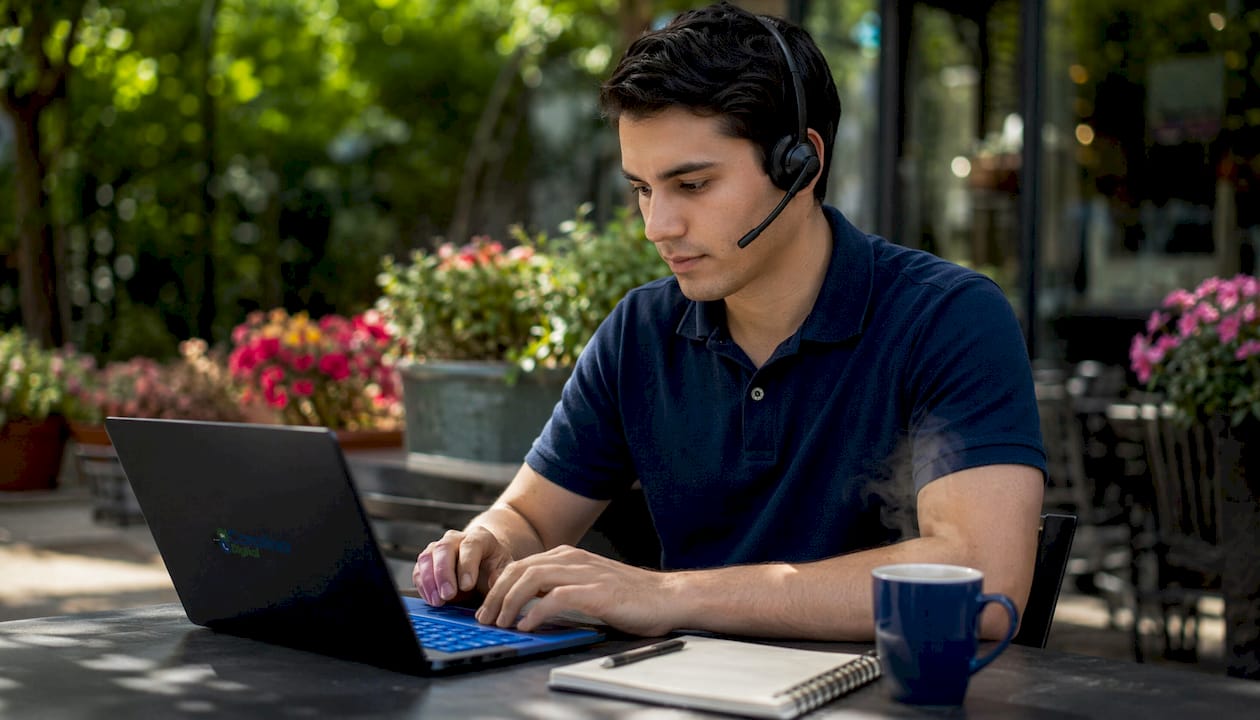 Answering service agent wearing a headset and typing patient message details on a laptop keyboard