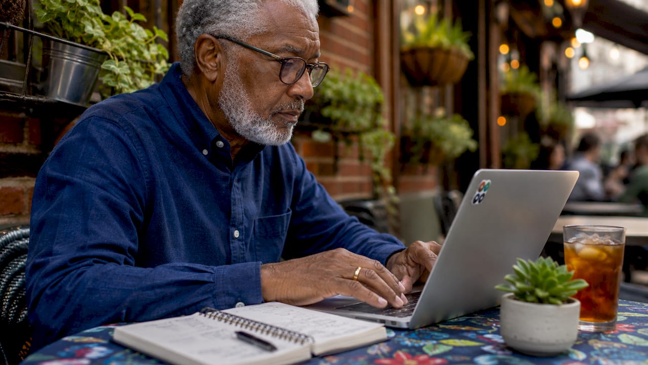 Hands using a hosted phone system admin portal on a laptop at a coworking space
